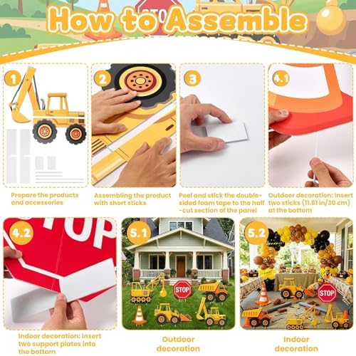 6 Pcs Large Construction Party Decorations, Truck Themed Cardboard Cutouts Standup, Excavator Traffic Cone Stop Yard Sign for Construction Birthday Baby Shower Indoor Outdoor Photo Prop - Image 4