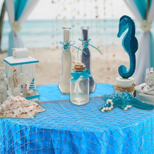 Oudain 12 Pcs Ocean Waves Plastic Round Tablecloth 84 Inch with Fish Net Ocean Waterproof Water Under The Sea Theme Table Cover for Mermaid, Baby Shower, Birthday Party (Blue) - Image 4