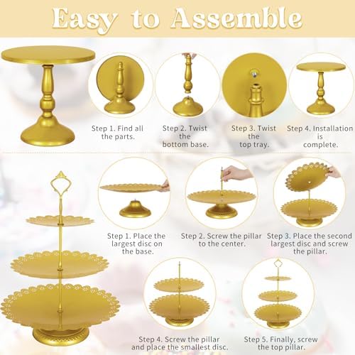 Fivenl 8 Pcs Cake Stand Gold Metal Dessert Table Display Set, 3-Tier Cupcake Stand, Cake Display Tower and Cookie Tray Rack Serving Tray for Birthday Party, Weddings, Baby Shower (Gold) - Image 6