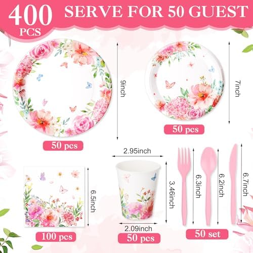 400 Pcs Floral Disposable Paper Plates Napkins and Cups Serves 50 Spring Watercolor Pink Floral Tableware Set for Wedding Tea Party Decoration Bridal Shower Baby Shower Mother's Day - Image 3