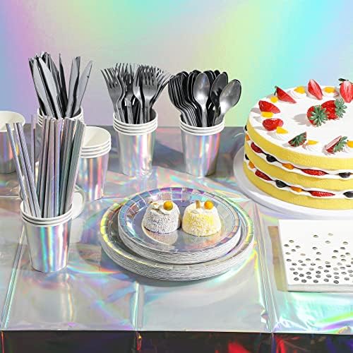 Iridescent Party Supplies Decorations, Holographic Paper Plates and Napkins Set, Disposable Iridescent Paper Plates Cups Knives Spoons Fork Straw for Mermaid Birthday Wedding Party, Serve 50 - Image 4