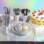 Iridescent Paper Plates and Napkins Set, Disposable Iridescent Paper Plates Cups Knives Spoons Fork Straw for Mermaid Birthday Wedding Party, Serve 100 - Image 4