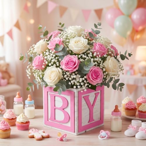 4 Set Pink Wooden Baby Boxes with Letters for Baby Shower Centerpieces - Image 4