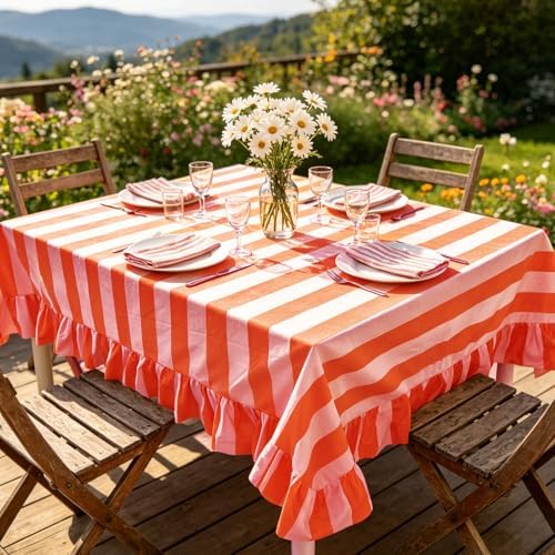 JarThenaAMCS Striped Tablecloth Ruffle Table Cloth, Orange Pink - Image 4