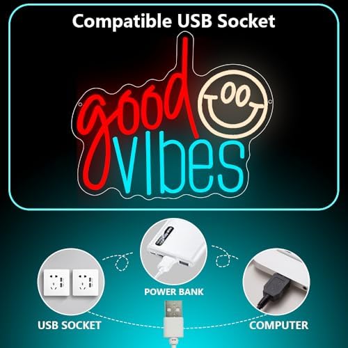 Good Vibes Neon Sign, Smile Face LED Neon Light for Wall Decor Good Vibes Light Up Lamp for Bedroom Dorm Game Room Wall Art Party Decorations Gift USB Powered(14.2"*11.8") - Image 5
