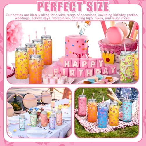 Chuangdi 24 Sets 14 oz Pink Bow Bottles with Straws Party Jars Metal Lids - Image 6