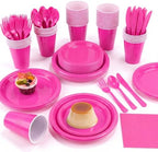 Aodaer 400 Pieces Hot Pink Party Supplies Disposable Dinnerware Set Include Plastic Plates Cups Knives Forks Spoons Paper Napkins for Birthday Wedding Graduation Parties, Serve 50 Guests by Aodaer