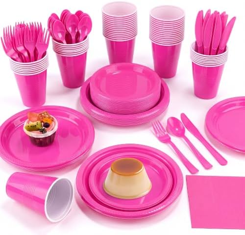 Aodaer 400 Pieces Hot Pink Party Supplies Disposable Dinnerware Set Include Plastic Plates Cups Knives Forks Spoons Paper Napkins for Birthday Wedding Graduation Parties, Serve 50 Guests by Aodaer