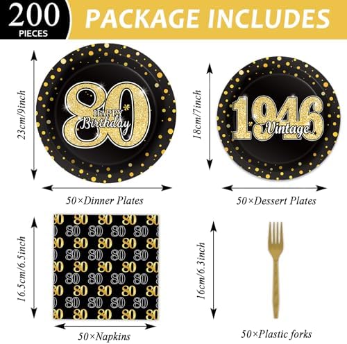 200PCS 80th Theme Birthday Party Tableware Vintage 1946 Party Supplies 80 year old Birthday Party Decorations Plates Napkins Forks Black and Gold Dinnerware Favors for Men or Women - Image 2