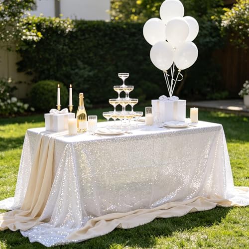 SoarDream White Sequin Tablecloth 90"x156" Wedding Glitter Table Cloth - Image 2