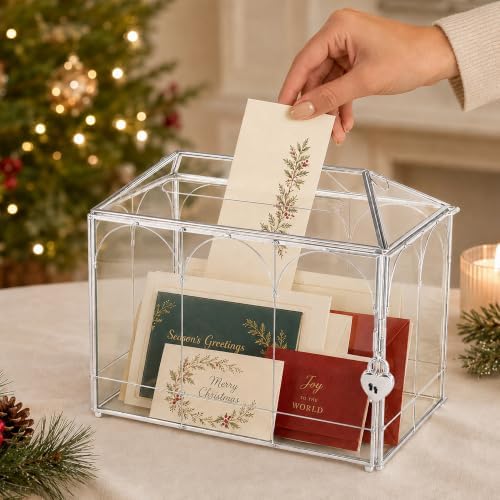 Glass Cards Box with Slot & Lock - 10.2" x 5.9" x 8" Vintage Geometric, Wedding Receptions, Home Reception, Tabletop Decor, Christmas Party, Silver - Slot Length 6.1 Inches - Image 3