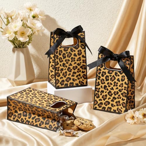 AmazingSpark 50 Pcs Leopard Print Mini Gift Bags Bulk 6.3 x 3.9 x 2.8 Inch Cheetah Small Gift Bags with Handles and Ribbon Bows for Wedding Birthday Bridal Baby Shower Party Favors(Brown Black) - Image 5
