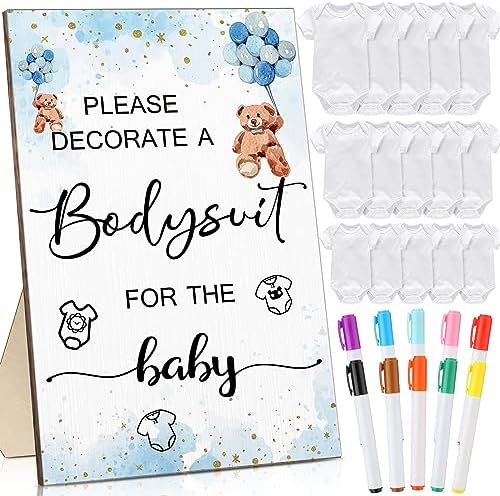 Handepo 26 Pcs Baby Shower Games DIY Bodysuit Set 1 Wooden Sign 15 White Bodysuits 10 Fabric Markers for Birth Decorating Kit(Bear) by Handepo