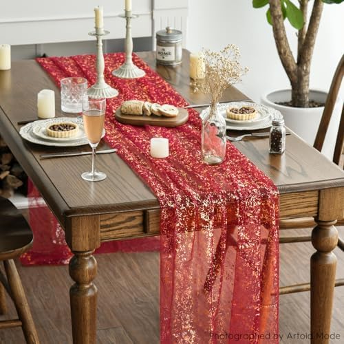Artoid Mode Red Gold Gauze Table Runner 120 Inch 10Pcs, Glitter Metallic Foil Sheer Dining Wedding Anniversary Holiday Table Decor for Home Party - Image 3