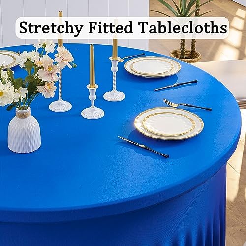 12 Pack Royal Blue Spandex Round Tablecloths, Stretchy 120inch Fitted 5FT Round Table Cloths, Wrinkle Free Maroon Table Cover with Skirt for Wedding Party Dining Banquet - Image 2