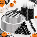 SUT 175 Pcs Black and Clear Plastic Dinnerware Set for 25 Guests, Include: 25 Dinner Plates, 25 Dessert Plates, 25 Pre Rolled Napkins With Silverware, 25 Cups, Disposable Plates for Party by SeeYouTomorrow
