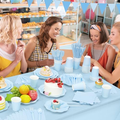 Funnymoom 452 Pcs Light Blue Party Supplies for 50 Guests, Baby Blue Scalloped Paper Plates Napkins Cups Plastic Tablecloth Cutlery Straws for Baby Bridal Shower, Birthday Wedding Party Decoration - Image 5