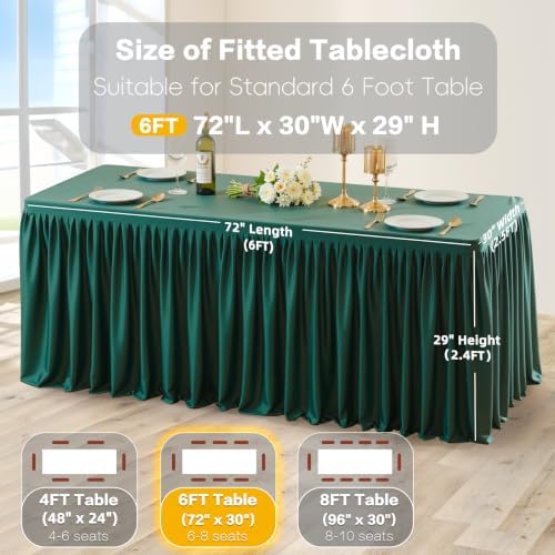 Wish Care Hunter Green Polyester Table Clothes for 6 Foot Rectangle Tables, Wrinkle Free Fitted Table Cover with Pleated Ruffle Table Skirt for Birthday Party Wedding Trade Show Event Display - Image 2