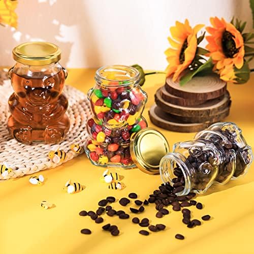 Patelai 24 Pack 6 oz Glass Bear Shaped Honey Jars with Lids Reusable Small Tilted Bear Glass Bottles Containers Dispenser for Candies, Birthday Wedding Party Favors(Classic,Gold) - Image 4