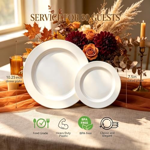 FLOWERCAT 60PCS White Plastic Plates - Heavy Duty White Disposable Plates for Outdoor/Fall Party/Wedding -serve for 30 guests Include 30PCS 10.25" & 30PCS 7.5" Plates for Thanksgiving - Image 3