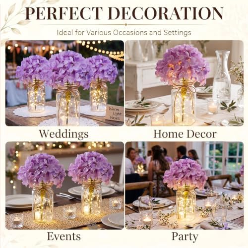 4 Sets Mason Jar Centerpiece with LED Lights and Purple Hydrangea Fake Flowers Vase for Wedding Bridal Shower Party Coffee Table Decor - Image 6