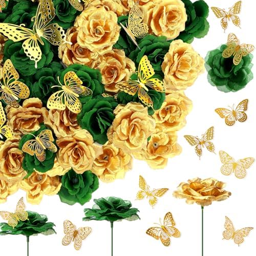 296 Pcs Artificial Roses Silk Flowers 3D Butterflies, Green, Gold by Solsew