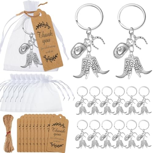 Huquary 50 Set Cowboy Western Party Favors Cowboy Western Keychain Hat Boot Horse Shoe Keyring with Organza Bags Thank You Tags and Rope for Guests Party Favor Supplies (Classic Style) by Huquary