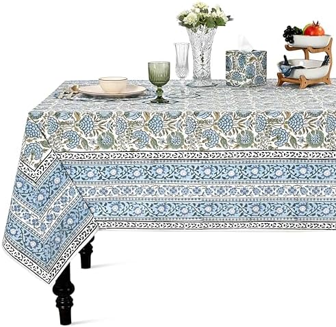 Ridhi Asparagus Green Hand Block Print Cotton Tablecloth 118 x 70 Inch by Ridhi