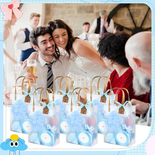 OINETRK 109pcs Baby Shower Prizes for Winners Gifts Baby Shower Favors including Headband Hair Brush Compact Mirror Bath Sponges Powder Puff Hair Tie Claw Makeup Brushes Gift Bag Bridal Shower(Blue) - Image 3