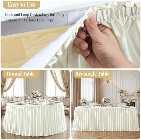 Wish Care 17ft Ivory Satin Long Table Skirt for Rectangle Tables Wrinkle Free Teacher Desk Skirt Glitter Ruffle Table Skirting Cloth for Back to School Classroom Office Birthday Party Table Decor - Image 5