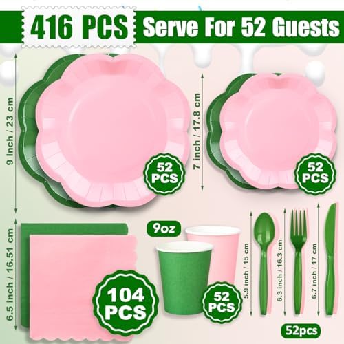 416 Pcs Pink And Green Party Supplies - For 52 Guests Paper Plates And Napkins Knives Spoons Forks Cups - Disposable Big Scalloped Dinner Party Set Cutlery - For Baby Shower Bridal Shower Wedding - Image 2