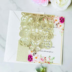 Hosmsua 50PCS Personalized Wedding Invitations Kit 5.12 x 7.3 Laser Cut Hollow Rose Rhinestone Pocket with Envelope for Wedding Quinceanera Invite (Champagne Gold Glitter) - Image 4