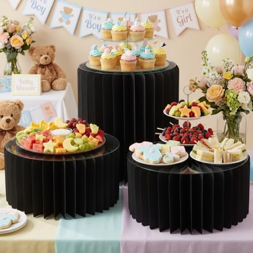 Buffet Risers for Party, Shape&Use 3PCS Round Black Cake Stands, Foldable Pedestal Dessert Table Risers for Wedding, Birthday, Anniversary Decor, 11.8in Dia. (15.7in H ×1 / 7.9in H ×2) with Storage Bag by Unknown
