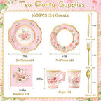168PCS Flower Tea Party Supplies, Pink Vintage Floral Party Plates Set - Image 2