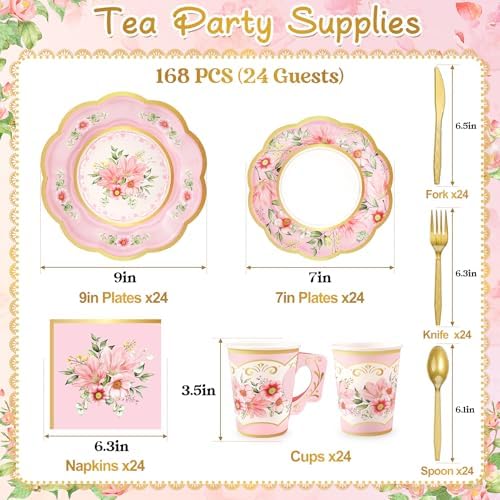 168PCS Flower Tea Party Supplies, Pink Vintage Floral Party Plates Set - Image 2