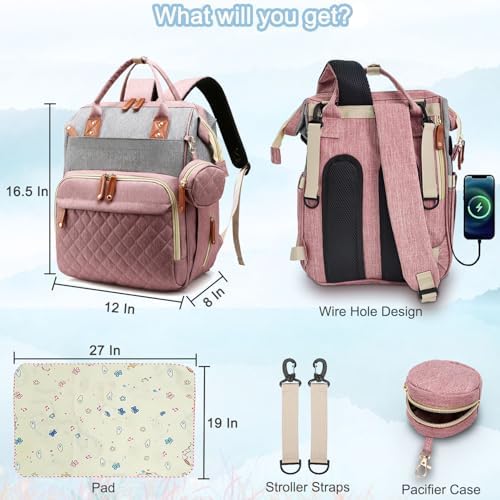 SHITIESHOU Diaper Bag Backpack Baby Bag, Baby Girl Boy Diaper Bag for Dad Mom with Pad, 16 Pockets, Pacifier Case, Large Diaper Bags Unisex for Travel(Pink Grey) - Image 6