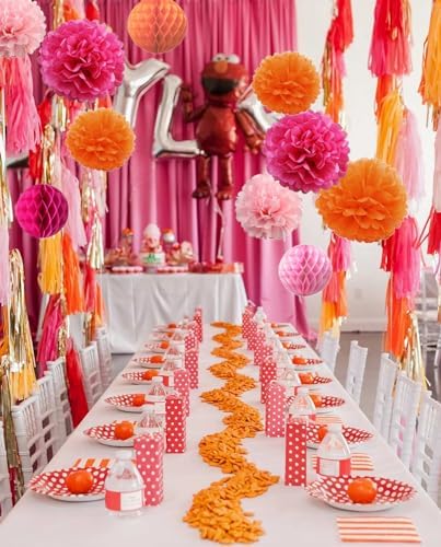 15PCS Hot Pink Orange Party Decorations Tissue Paper Flowers Pom Poms Honeycomb for Girl Groovy Birthday Baby Shower Wedding Bachelorette Summer Flamingo Party Nursery Wall Hanging Décor (Pack of 2) - Image 4