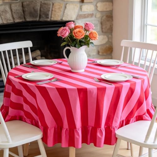 JarThenaAMCS Ruffle Tablecloth Boho Pink Red Striped Table Cloth Round Decorative Table Cover for Home Kitchen Baby Shower Party Wedding Decor, 70 Inch - Image 6