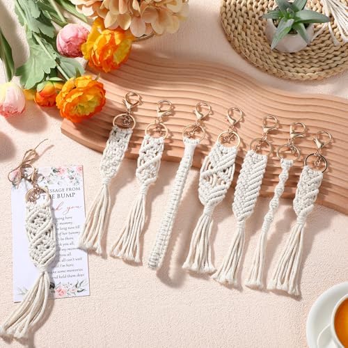 Ecation Boho Baby Shower Favors for Guests Flower Macrame Keychains Bulk Floral Crochet Tassel Key Rings Thank You Cards Gift - Image 4