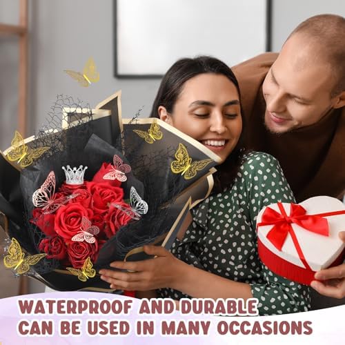 Qilery 334 Pcs Flower Wrapping Paper Set,153 Waterproof Floral Bouquet Wrapping Paper,72 3D Gold Butterfly Decoration,100 Pins, 6 Crowns and 3 Ribbons for DIY Craft(Pretty Color) - Image 6