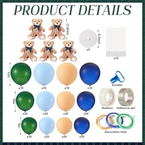 Foilswirl 213 Pcs Tartan Plaids Bear Baby Shower Table Centerpieces Set of 5 Preppy Bear Blue Green Balloon with Stand for Boy Baby Shower Gender Reveal Birthday Wedding Party Decorations - Image 3
