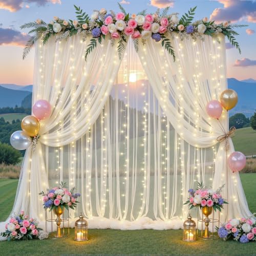 Ivory Tulle Backdrop Curtains with Lights String for Parites Wedding 20×8ft Ivory Sheer Backdrop Curtains for Baby Shower Birthday Party Photo Shoot Background Decorations(4 Panels 5ft×8ft) by Suppromo