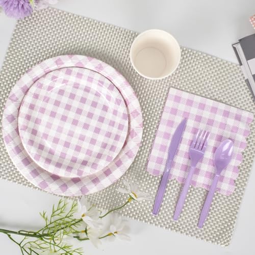 Vyntra 350-Pc Lavender Gingham Paper Plates and Napkins Party Supplies - Image 4
