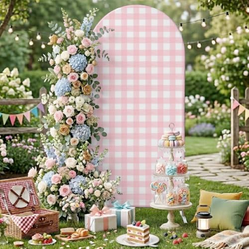 Pink Buffalo Arch Backdrop Cover 6.6 FT, Gingham Striped Pink Plaid Wedding Arch Cover Stretchy Romantic Rustic Backdrop Stands Covers for Birthday Bridal Party Celebration Ceremony Banquet Decor - Image 4
