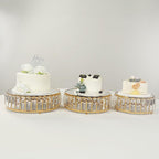 3 Gold Round Stackable Metal Cake Stands with Crystal Pendant and Mirror Top Wedding Birthday Party Display Dessert Riser Pedestal Centerpieces - Image 7