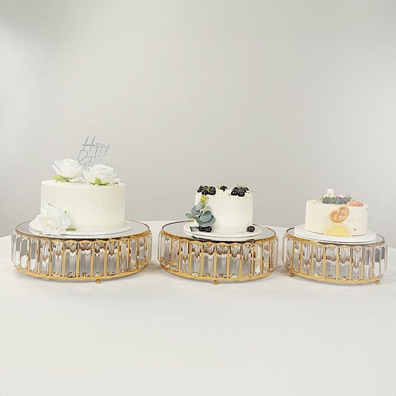 3 Gold Round Stackable Metal Cake Stands with Crystal Pendant and Mirror Top Wedding Birthday Party Display Dessert Riser Pedestal Centerpieces - Image 7