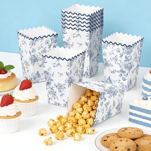 Kuabiz 60 Pcs Blue Floral Popcorn Boxes with Scalloped Chinoiserie Flowers Paper Candy Boxes Disposable Blue Popcorn Bowls Cookie Containers for Wedding Bridal Baby Shower Tea Spring Party Supplies - Image 6