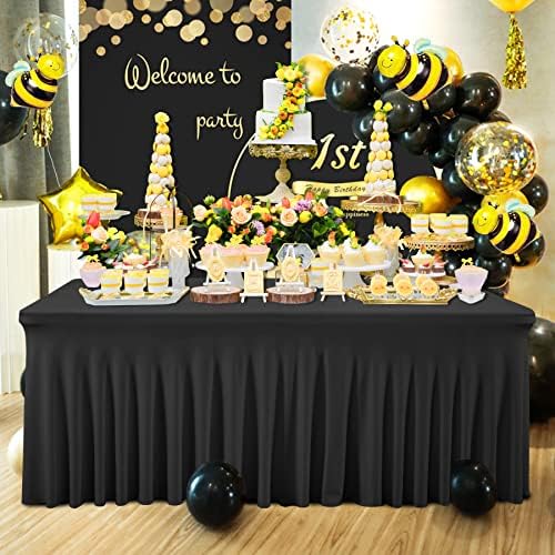 Besutolife 8ft Black Tablecloths Rectangle Spandex Tablecloth Wrinkle-Resistant Ruffles Design for Banquets Parties Wedding Dining Table - Image 4