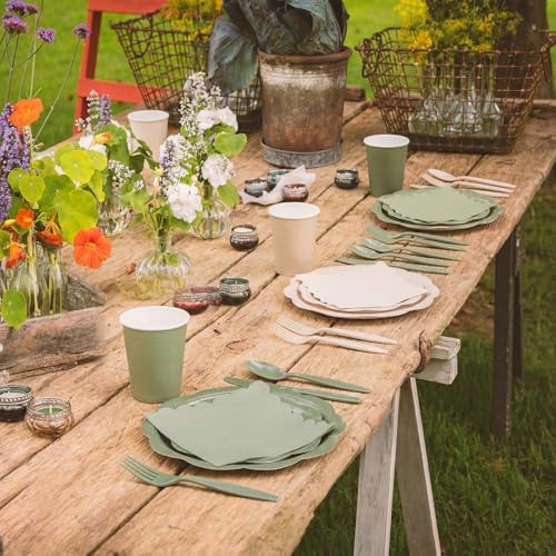 Qinyoung 388 Pcs Sage Green and Beige Plates and Napkins Party Supplies Tableware Include Disposable Scalloped Plate Paper Napkin Cup Plastic Cutlery for Baby Shower Party Wedding Birthday, 48 Sets - Image 6