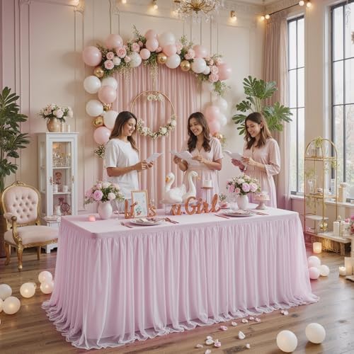 familus 6ft Pink Spandex Fitted Tablecloth with Tulle Table Skirt - 2-in-1 Structured Tutu Table Cover for Weddings, Trade Shows, Banquets & Sweetheart Tables - Image 6